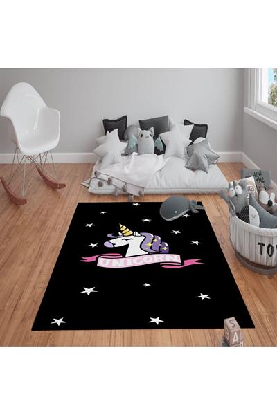 Kaymaz Tabanlı Yıkanabilir Unicorn Desenli Çocuk Halısı Dot Taban Halı