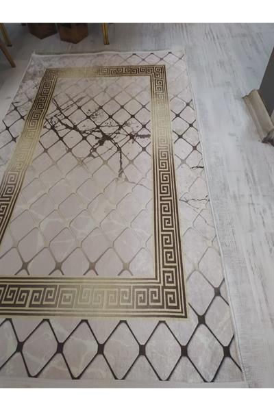 Kaymaz Tabanlı Yıkanabilir Versace Granit Çerçeve Desenli Dokuma Taban Halı