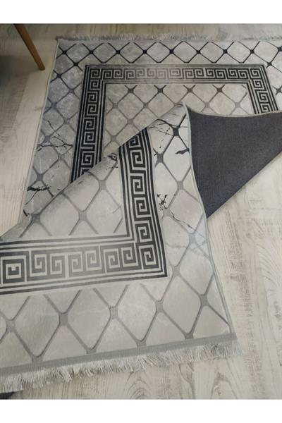 Kaymaz Tabanlı Yıkanabilir Versace Granit Çerçeve Desenli Dokuma Taban Halı
