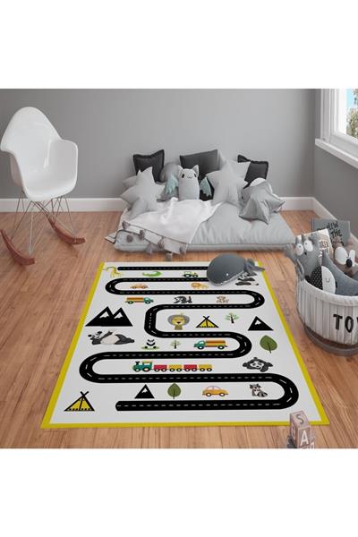 Kaymaz Tabanlı Yıkanabilir Yol ve Jungle Desenli Çocuk Halısı Dot Taban Halı