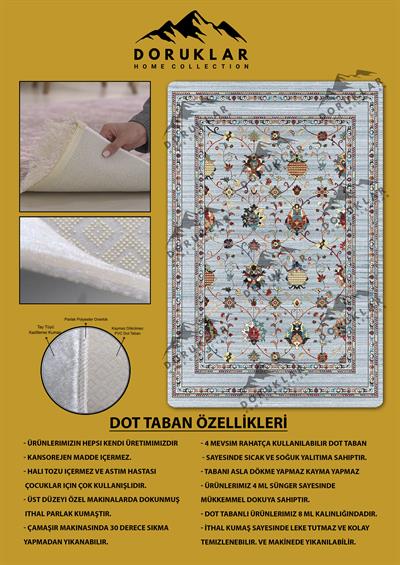 Klasik Desenli Açık Mavi Kaymaz Taban Yıkanabilir Leke Tutmaz Dot Taban Halı
