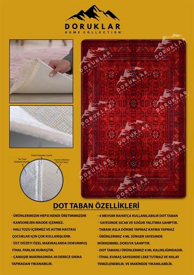 Klasik Desenli Kırmızı Kaymaz Taban Yıkanabilir Leke Tutmaz Dot Taban Halı