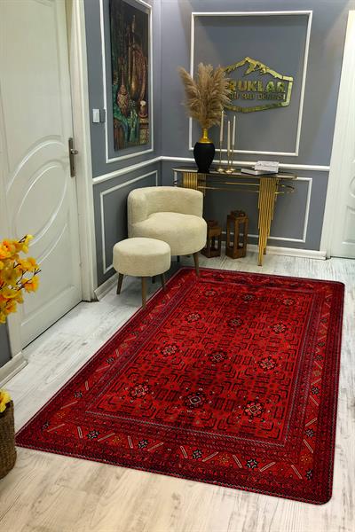 Klasik Desenli Kırmızı Kaymaz Taban Yıkanabilir Leke Tutmaz Dot Taban Halı