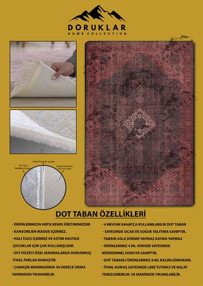 Klasik Desenli Kırmızı Renk Kaymaz Taban Yıkanabilir Leke Tutmaz Dot Taban Halı