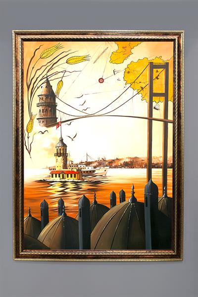 Köprü, Galata Kulesi ve Kız Kulesi Desenli Çerçeveli Duvar Tablosu 50x70cm OSMN07