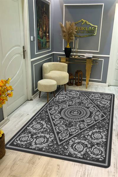 Modern Desenli Gri Kaymaz Tabanlı Yıkanabilir Leke Tutmaz Dot Taban Halı