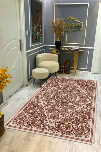 Modern Desenli Kahve Renk Kaymaz Tabanlı Yıkanabilir Leke Tutmaz Dot Taban Halı