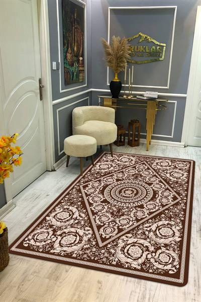 Modern Desenli Kahve Renk Kaymaz Tabanlı Yıkanabilir Leke Tutmaz Dot Taban Halı