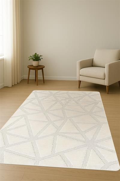 Modern Geometrik Desenli Krem Süngerli Kaymaz Dot Taban Dijital Baskı Halı H1076
