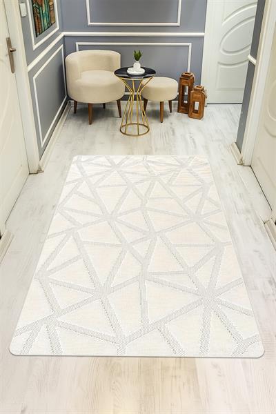 Modern Geometrik Desenli Krem Süngerli Kaymaz Dot Taban Dijital Baskı Halı H1076