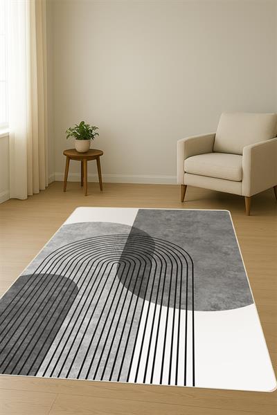 Modern Gri Desenli Süngerli Kaymaz Dot Taban Dijital Baskı Halı H0824