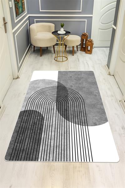 Modern Gri Desenli Süngerli Kaymaz Dot Taban Dijital Baskı Halı H0824
