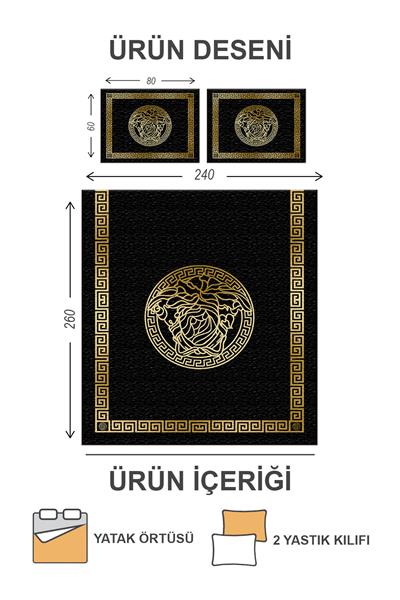 Pamuk Dolgulu Kadife Kumaş Medusa Kafası Desenli Çift Kişilik Kapitone Yatak Örtüsü Seti Drk-0241