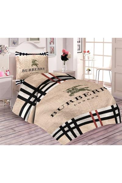 Pamuk Dolgulu Kadife Kumaşlı Krem Burberry Desenli Tek Kişilik Kapitone Yatak Örtüsü
