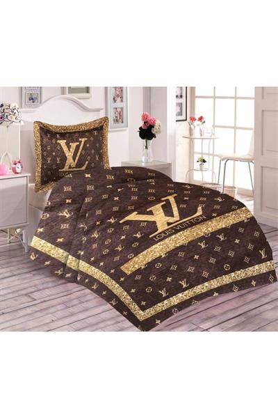 Pamuk Dolgulu Kadife Kumaşlı Simli Louis Vuitton Desenli Tek Kişilik Kapitone Yatak Örtüsü
