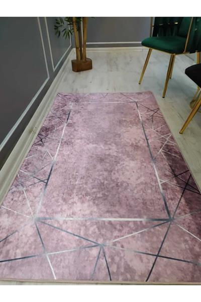 Pembe Zemin Silver Çizgi Çerçeve Desen Kaymaz Taban Yıkanır Leke Tutmaz Dokuma Taban Halı Drk8035-5