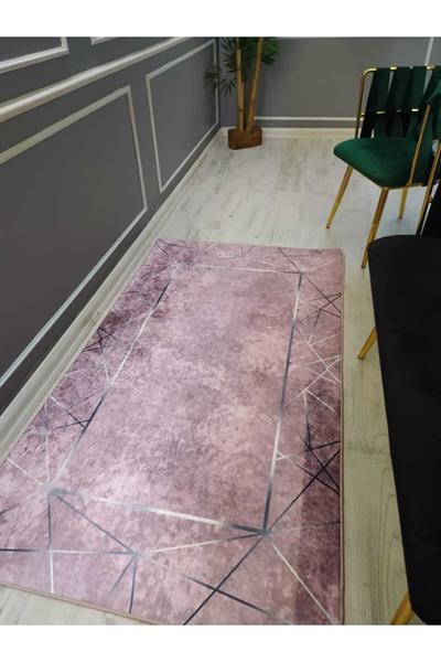 Pembe Zemin Silver Çizgi Çerçeve Desen Kaymaz Taban Yıkanır Leke Tutmaz Dokuma Taban Halı Drk8035-5