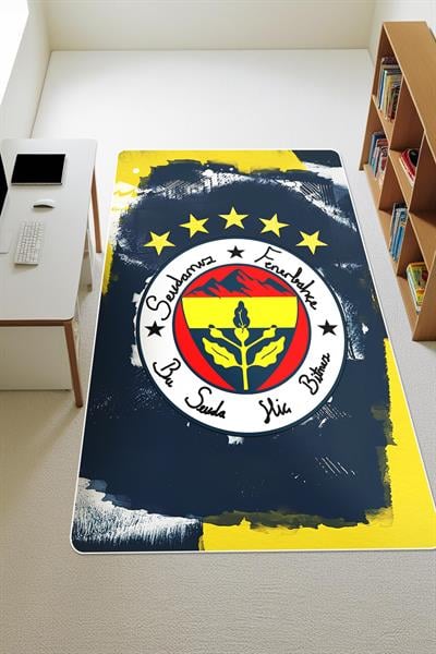 Sarı ve Lacivert Sportif Süngerli Kaymaz Dot Taban Dijital Baskı Halı H0838