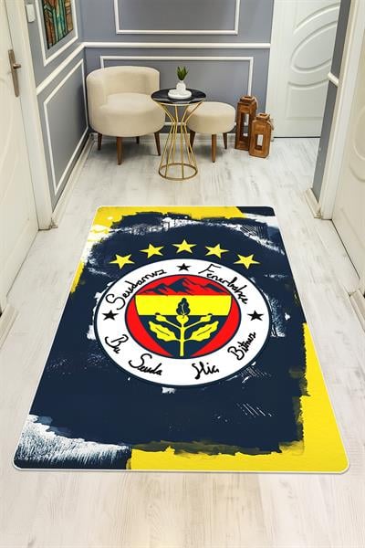 Sarı ve Lacivert Sportif Süngerli Kaymaz Dot Taban Dijital Baskı Halı H0838