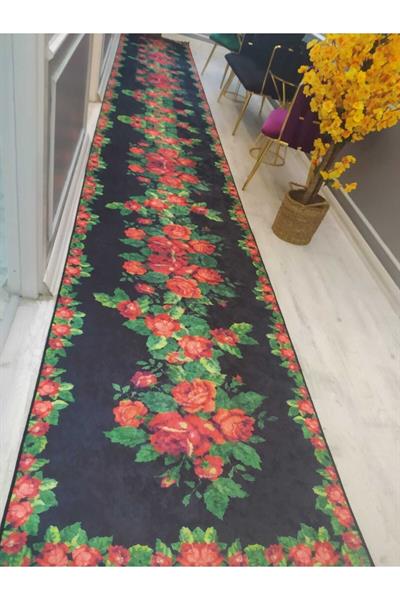 Şeritli Gül Desenli Kaymaz Taban Yıkanabilir Leke Tutmaz Dokuma Taban Halı Drk-8026-9