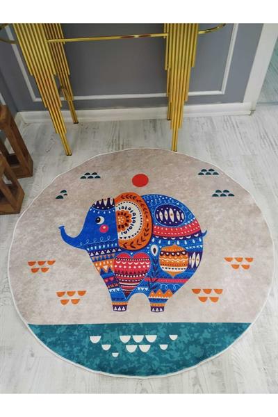 Tatlı Fil Desenli Yuvarlak Kaymaz Taban Yıkanabilir Leke Tutmaz Dokuma Taban Halı Drk-8015-2