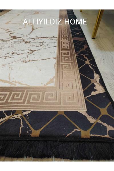 Versace Çerçeveli Gold Granit Desenli Kaymaz Taban Yıkanır Leke Tutmaz Dokuma Taban Halı Drk-8006-1