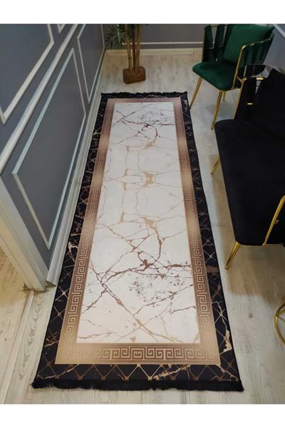 Versace Çerçeveli Gold Granit Desenli Kaymaz Taban Yıkanır Leke Tutmaz Dokuma Taban Halı Drk-8006-1