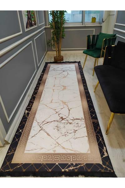 Versace Çerçeveli Gold Granit Desenli Kaymaz Taban Yıkanır Leke Tutmaz Dokuma Taban Halı Drk-8006-1