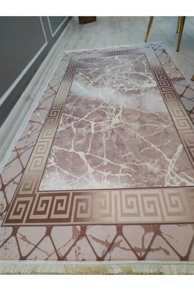 Versace Çerçeveli Granit Desenli Kaymaz Taban Yıkanabilir Leke Tutmaz Dokuma Taban Halı Drk-8024-6