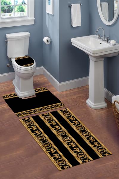 Yıkanabilir Kaymaz Dot Tabanlı Dekoratif Desenli 3'lü Klozet Takımı Banyo Paspas Seti