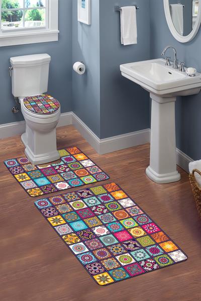 Yıkanabilir Kaymaz Dot Tabanlı Dekoratif Desenli 3'lü Klozet Takımı Banyo Paspas Seti