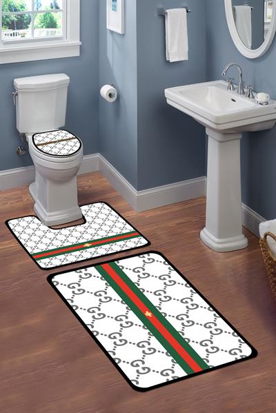 Yıkanabilir Kaymaz Tabanlı Dekoratif Desenli 3'lü Klozet Takımı Banyo Paspas Seti