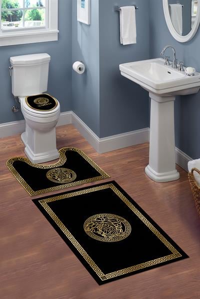 Yıkanabilir Kaymaz Tabanlı Dekoratif Desenli 3 Lü Klozet Takımı Banyo Paspas Seti