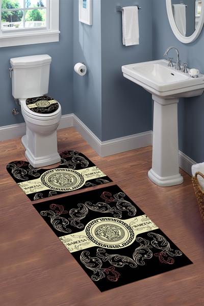 Yıkanabilir Kaymaz Tabanlı Dekoratif Desenli 3 Lü Klozet Takımı Banyo Paspas Seti