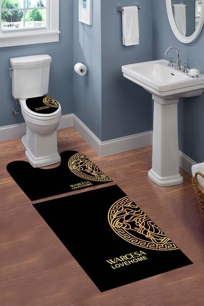 Yıkanabilir Kaymaz Tabanlı Dekoratif Desenli 3 Lü Klozet Takımı Banyo Paspas Seti