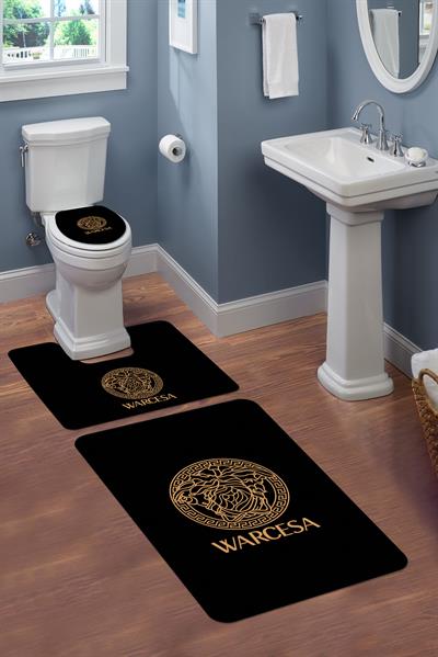 Yıkanabilir Kaymaz Tabanlı Dekoratif Desenli 3 Lü Klozet Takımı Banyo Paspas Seti