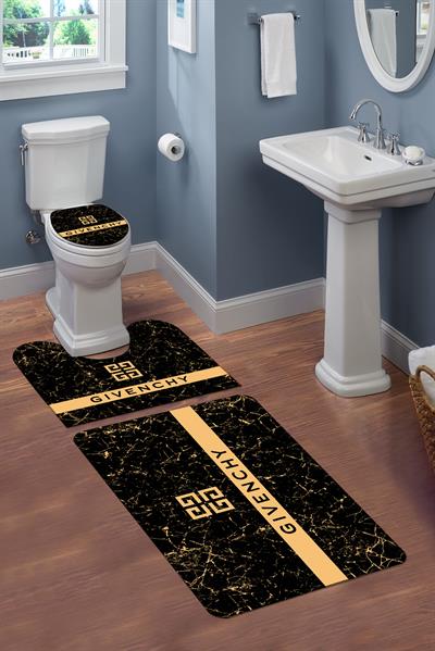 Yıkanabilir Kaymaz Tabanlı Dekoratif Desenli 3'lü Klozet Takımı Banyo Paspas Seti