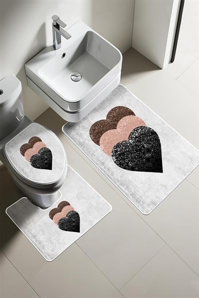 Yıkanabilir Kaymaz Tabanlı Dekoratif Kalp Desenli 3 Lü Klozet Takımı Banyo Paspas Seti
