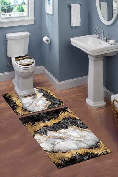 Yıkanabilir Kaymaz Tabanlı Dekoratif Mermer Desenli 3 Lü Klozet Takımı Banyo Paspas Seti