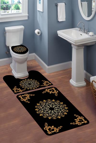 Yıkanabilir Kaymaz Tabanlı Modern Desenli 3'lü Klozet Takımı Banyo Paspas Seti