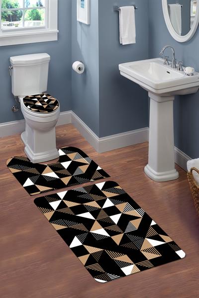Yıkanabilir Kaymaz Tabanlı Modern Desenli 3'lü Klozet Takımı Banyo Paspas Seti