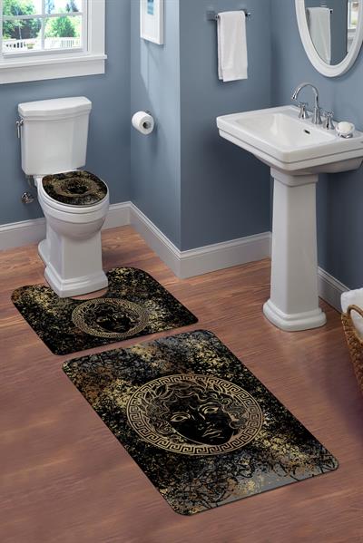 Yıkanabilir Kaymaz Tabanlı Modern Desenli 3'lü Klozet Takımı Banyo Paspas Seti APL01