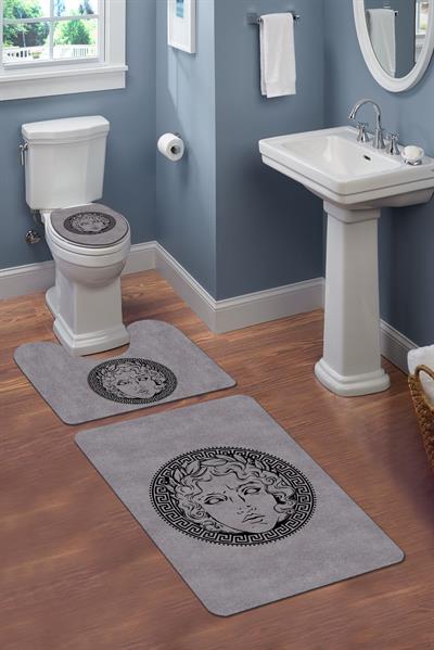 Yıkanabilir Kaymaz Tabanlı Modern Desenli 3'lü Klozet Takımı Banyo Paspas Seti APL02
