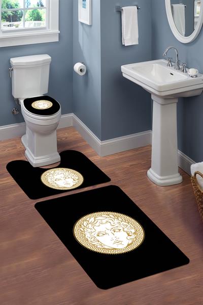 Yıkanabilir Kaymaz Tabanlı Modern Desenli 3'lü Klozet Takımı Banyo Paspas Seti APL03