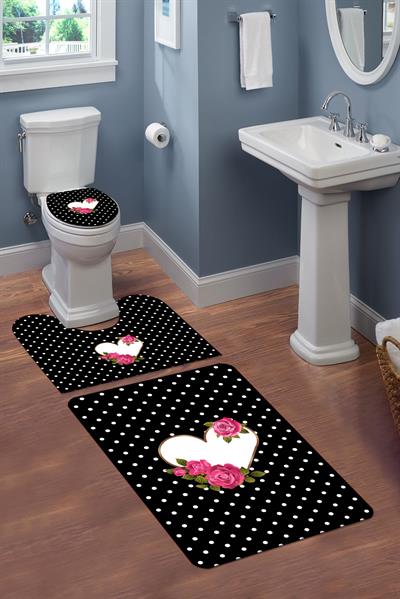 Yıkanabilir Kaymaz Tabanlı Modern Desenli 3'lü Klozet Takımı Banyo Paspas Seti