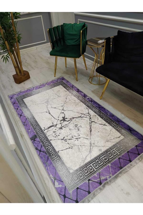 Versace Çerçeve Silver Granit Desenli Kaymaz Taban Yıkanır Leke Tutmaz Dokuma Taban Halı Drk8050-2