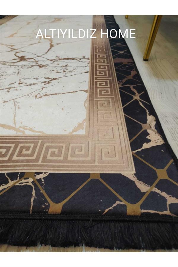 Versace Çerçeveli Gold Granit Desenli Kaymaz Taban Yıkanır Leke Tutmaz Dokuma Taban Halı Drk-8006-1