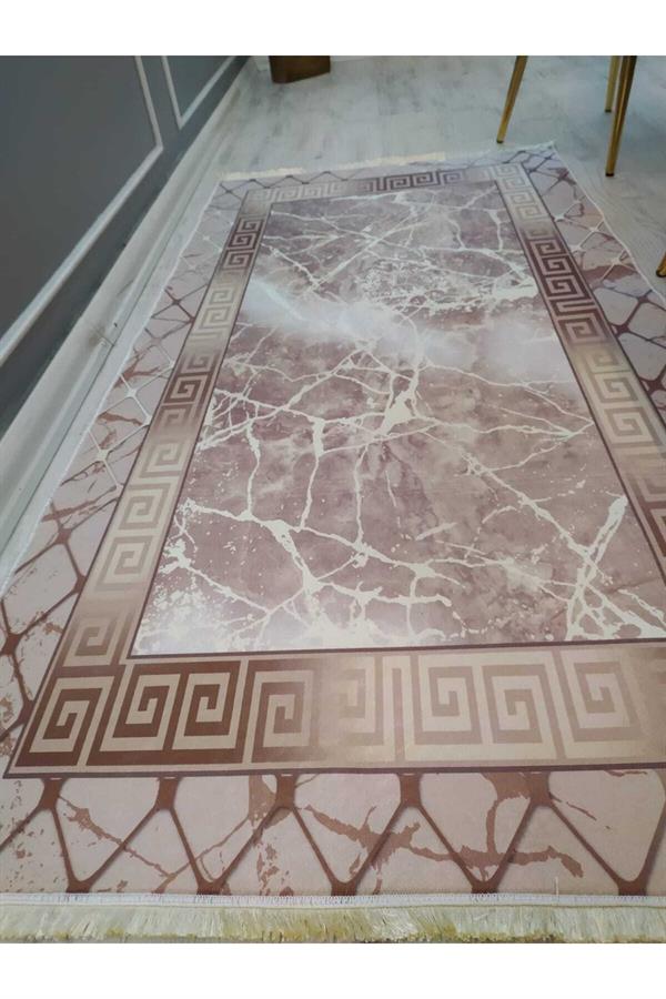 Versace Çerçeveli Granit Desenli Kaymaz Taban Yıkanabilir Leke Tutmaz Dokuma Taban Halı Drk-8024-6