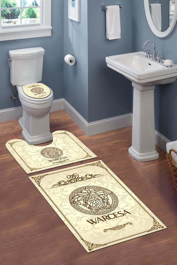 Yıkanabilir Kaymaz Dot Tabanlı Dekoratif Desenli 3'lü Klozet Takımı Banyo Paspas Seti
