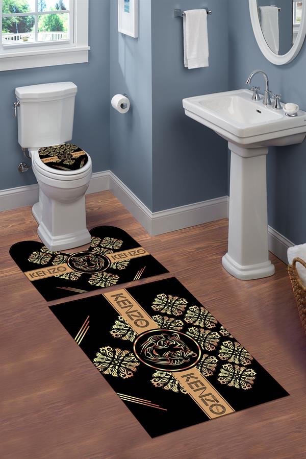 Yıkanabilir Kaymaz Dot Tabanlı Dekoratif Desenli 3'lü Klozet Takımı Banyo Paspas Seti